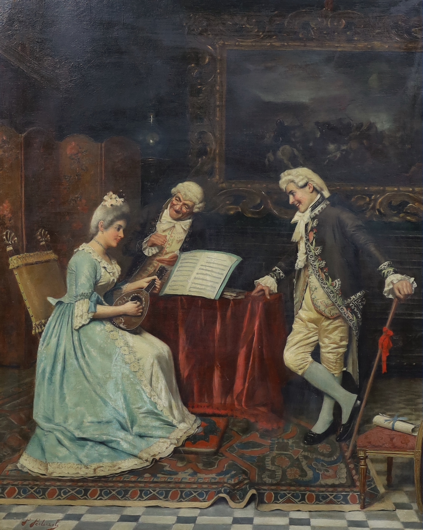 Pietro Pederzoli (Italian, 1889-1975), 'The Music Lesson', oil on canvas, 75 x 60cm